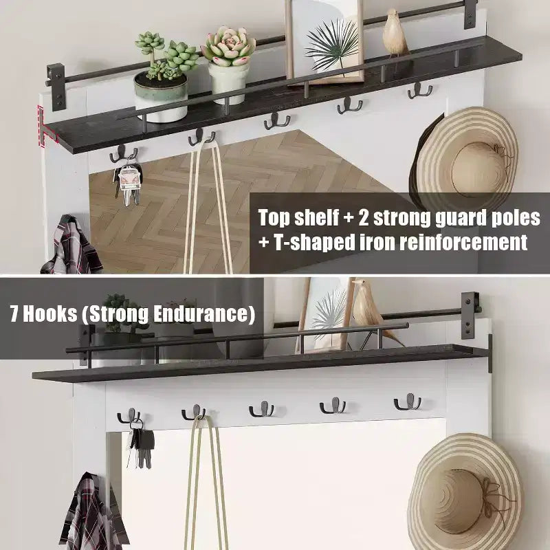 Arbre d'entrée Acekool avec casiers à chaussures, 7 crochets, 3 tiroirs de rangement et deux miroirs, organisateur de banc d'entrée, meuble de vestibule, blanc