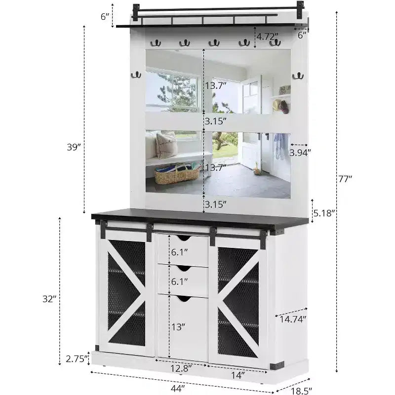 Arbre d'entrée Acekool avec casiers à chaussures, 7 crochets, 3 tiroirs de rangement et deux miroirs, organisateur de banc d'entrée, meuble de vestibule, blanc