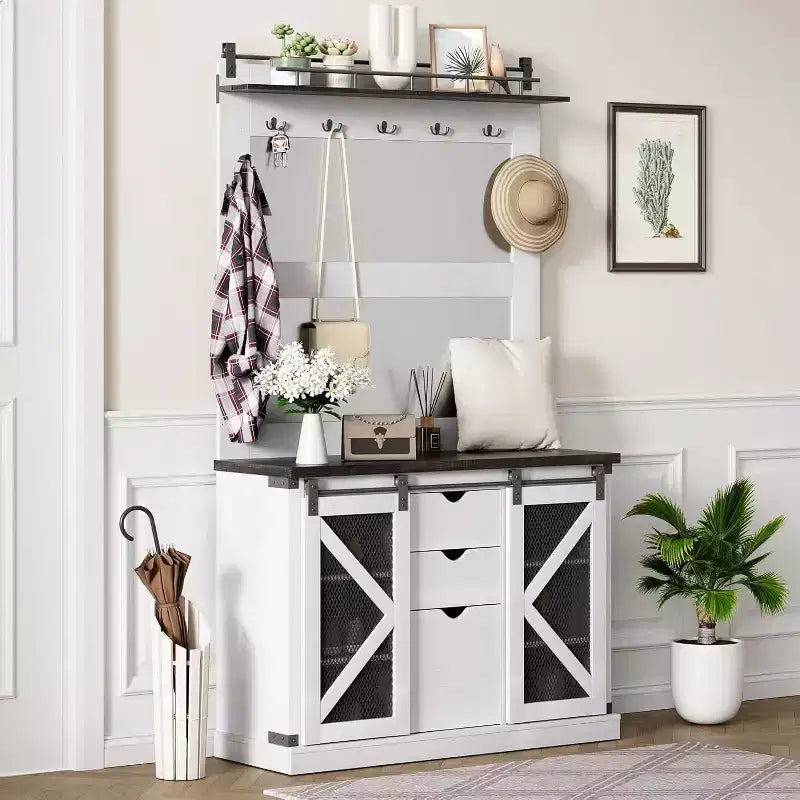 Arbre d'entrée Acekool avec casiers à chaussures, 7 crochets, 3 tiroirs de rangement et deux miroirs, organisateur de banc d'entrée, meuble de vestibule, blanc