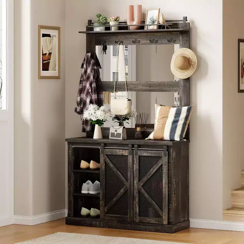 Arbre d'entrée Acekool avec casiers à chaussures, 7 crochets, 3 tiroirs de rangement et deux miroirs, organisateur de banc d'entrée, meuble de vestibule, blanc