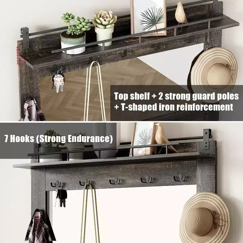 Arbre d'entrée Acekool avec casiers à chaussures, 7 crochets, 3 tiroirs de rangement et deux miroirs, organisateur de banc d'entrée, meuble de vestibule, blanc
