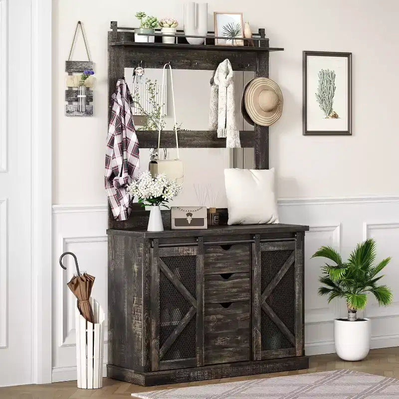Arbre d'entrée Acekool avec casiers à chaussures, 7 crochets, 3 tiroirs de rangement et deux miroirs, organisateur de banc d'entrée, meuble de vestibule, blanc