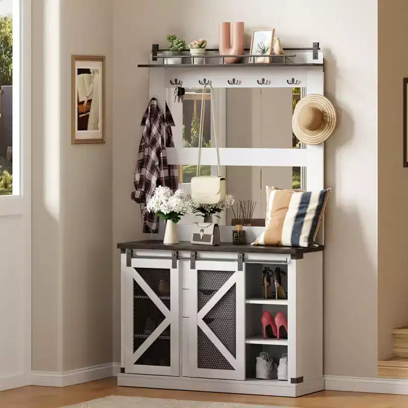 Arbre d'entrée Acekool avec casiers à chaussures, 7 crochets, 3 tiroirs de rangement et deux miroirs, organisateur de banc d'entrée, meuble de vestibule, blanc