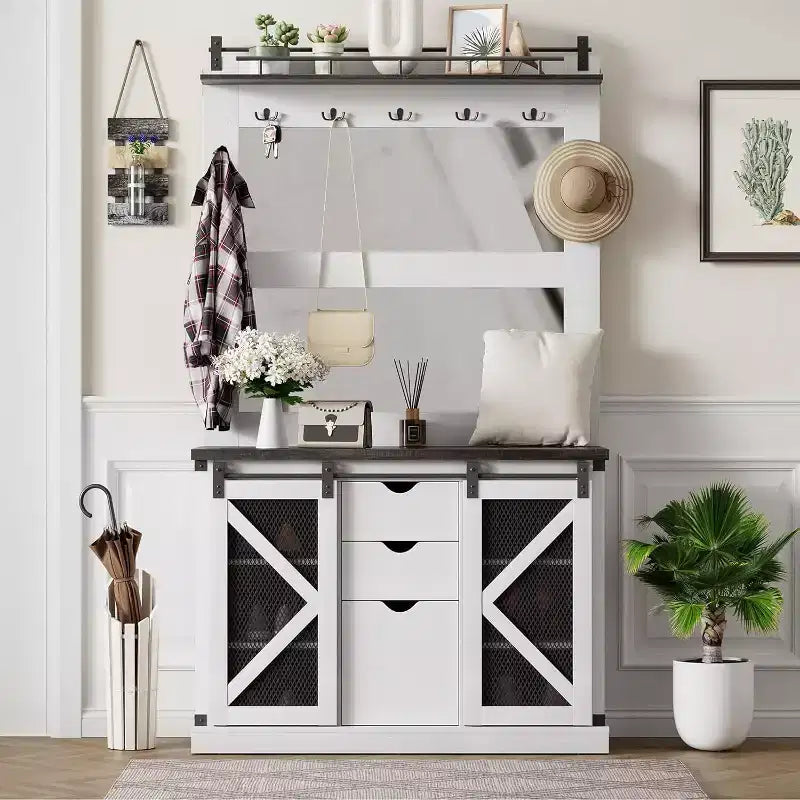 Arbre d'entrée Acekool avec casiers à chaussures, 7 crochets, 3 tiroirs de rangement et deux miroirs, organisateur de banc d'entrée, meuble de vestibule, blanc