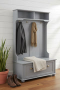 Acekool Gray Metal Hall Tree with Bench, Entryway Coat Rack Hooks & Open Storage Shelves, Compact Organizer for Entry