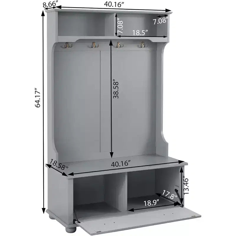 Porte-manteau Acekool en métal gris avec banc, patères et étagères de rangement ouvertes, organiseur compact pour entrée