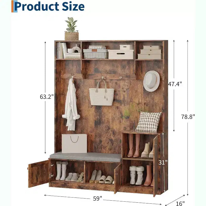 Porte-manteau d'entrée avec banc et rangement à chaussures, Banc d'entrée de ferme 3-en-1 avec porte-manteau, 4 crochets, 4 compartiments à chaussures et 3 compartiments ouverts, pour la maison