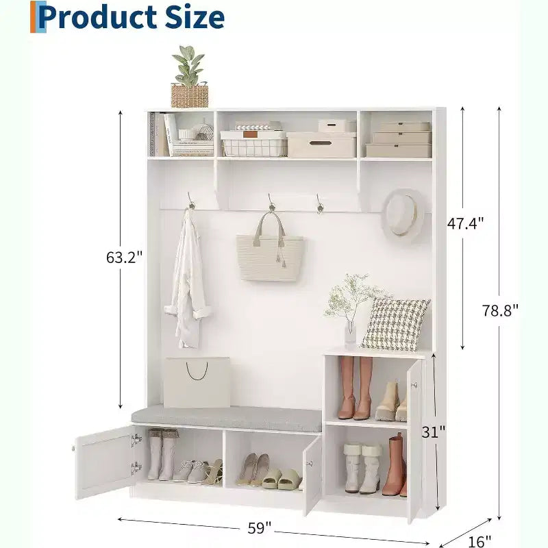 Porte-manteau d'entrée avec banc et rangement à chaussures, Banc d'entrée de ferme 3-en-1 avec porte-manteau, 4 crochets, 4 compartiments à chaussures et 3 compartiments ouverts, pour la maison