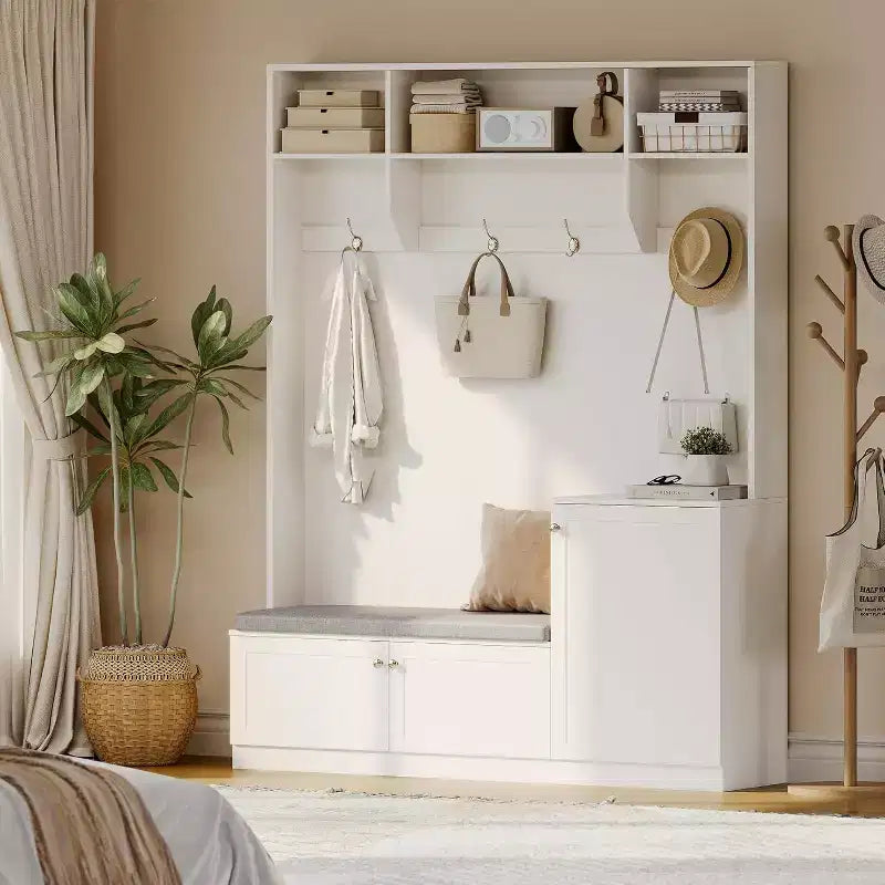 Porte-manteau d'entrée avec banc et rangement à chaussures, Banc d'entrée de ferme 3-en-1 avec porte-manteau, 4 crochets, 4 compartiments à chaussures et 3 compartiments ouverts, pour la maison