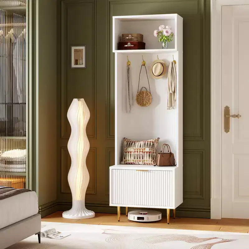 Meuble d'entrée 188 cm avec banc à chaussures et porte-manteau, banc de rangement avec 4 crochets dorés et pieds en métal, pour entrée, salon, couloir