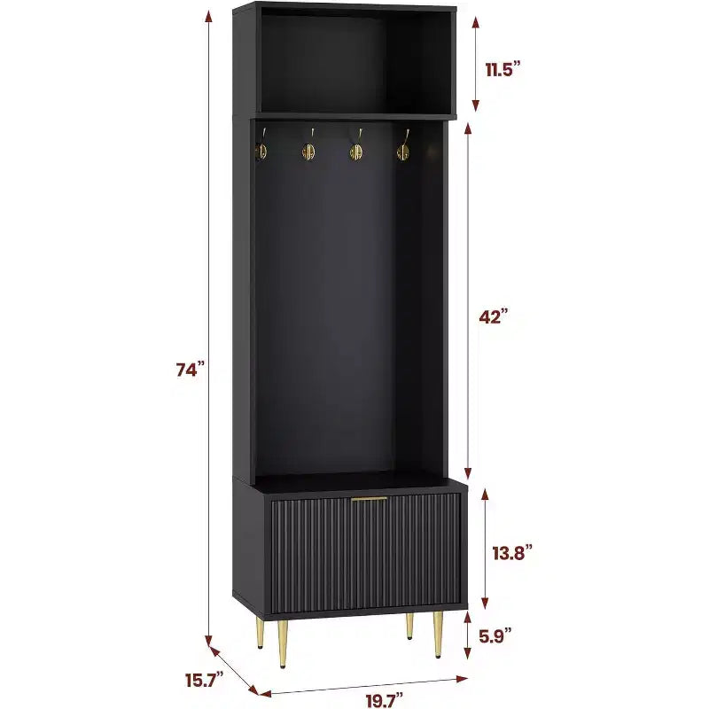 Meuble d'entrée 188 cm avec banc à chaussures et porte-manteau, banc de rangement avec 4 crochets dorés et pieds en métal, pour entrée, salon, couloir