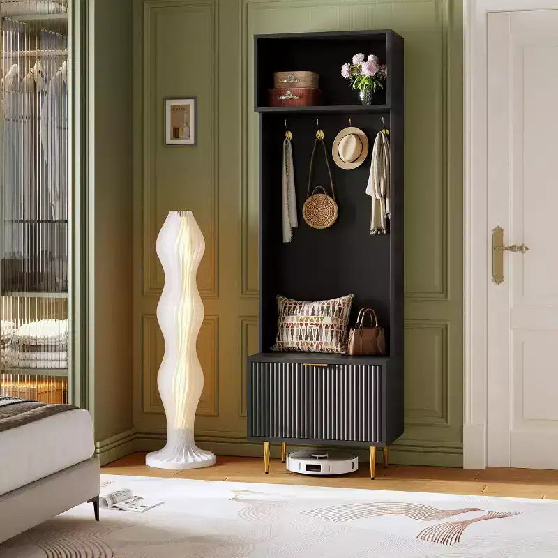 Meuble d'entrée 188 cm avec banc à chaussures et porte-manteau, banc de rangement avec 4 crochets dorés et pieds en métal, pour entrée, salon, couloir