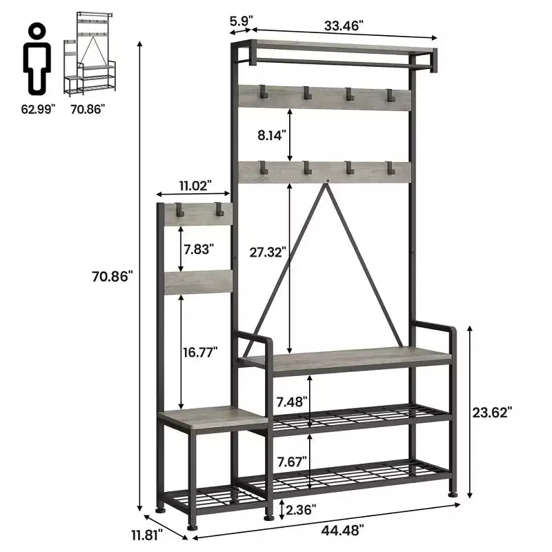 Meuble de rangement pour chaussures d'entrée avec banc, porte-manteau d'entrée avec 7 crochets et étagère de rangement, porte-manteau d'entrée pour couloir, buanderie, chambre