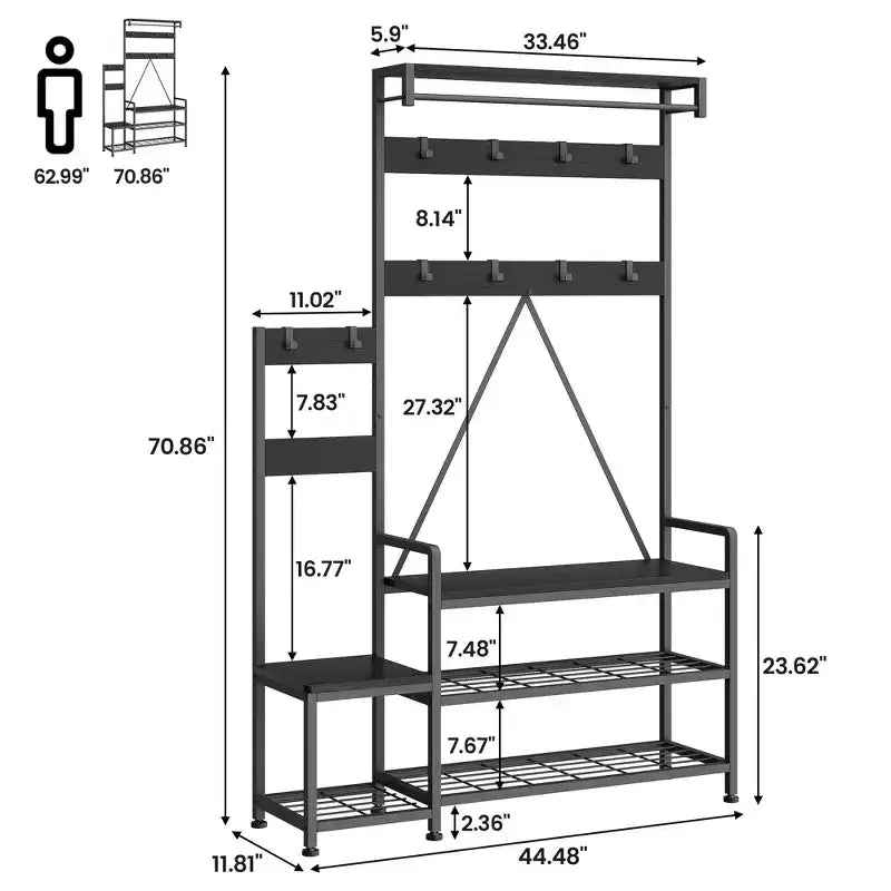 Meuble de rangement pour chaussures d'entrée avec banc, porte-manteau d'entrée avec 7 crochets et étagère de rangement, porte-manteau d'entrée pour couloir, buanderie, chambre