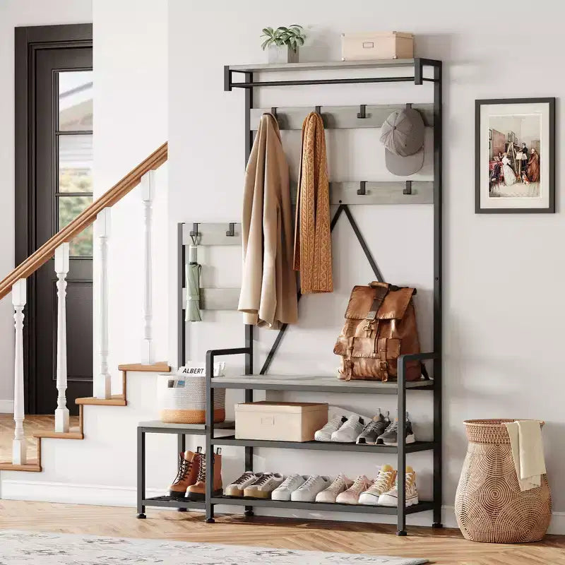 Meuble de rangement pour chaussures d'entrée avec banc, porte-manteau d'entrée avec 7 crochets et étagère de rangement, porte-manteau d'entrée pour couloir, buanderie, chambre
