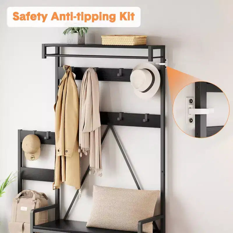 Meuble de rangement pour chaussures d'entrée avec banc, porte-manteau d'entrée avec 7 crochets et étagère de rangement, porte-manteau d'entrée pour couloir, buanderie, chambre