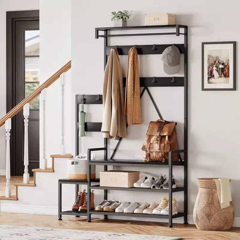 Meuble de rangement pour chaussures d'entrée avec banc, porte-manteau d'entrée avec 7 crochets et étagère de rangement, porte-manteau d'entrée pour couloir, buanderie, chambre