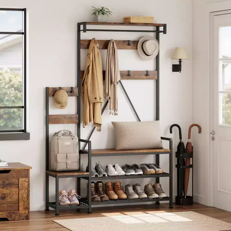 Meuble de rangement pour chaussures d'entrée avec banc, porte-manteau d'entrée avec 7 crochets et étagère de rangement, porte-manteau d'entrée pour couloir, buanderie, chambre