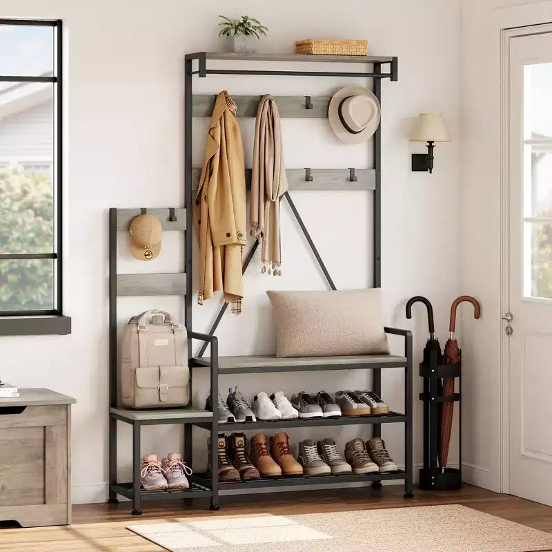 Meuble de rangement pour chaussures d'entrée avec banc, porte-manteau d'entrée avec 7 crochets et étagère de rangement, porte-manteau d'entrée pour couloir, buanderie, chambre
