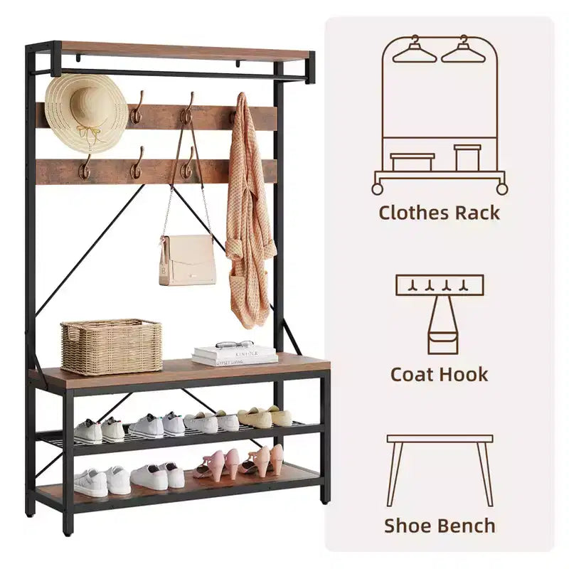 Porte-manteau et banc à chaussures industriels de 183 cm avec étagère et crochets