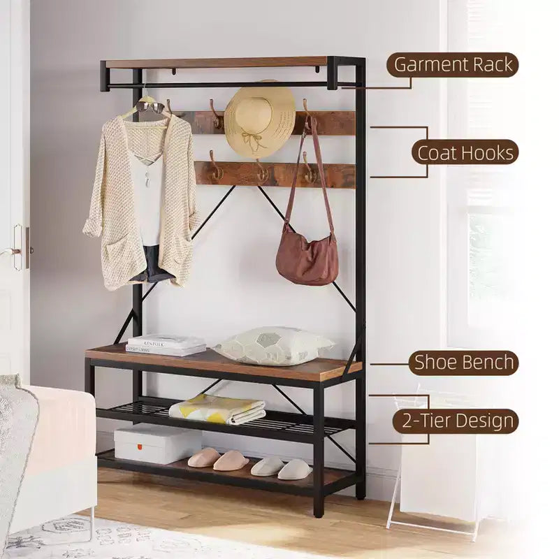 Porte-manteau et banc à chaussures industriels de 183 cm avec étagère et crochets