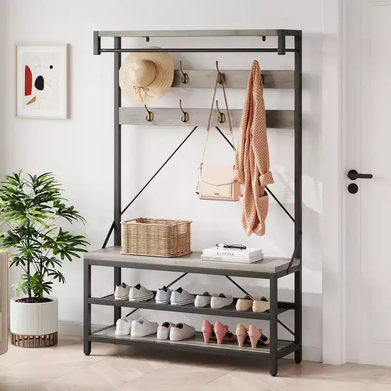 Porte-manteau et banc à chaussures industriels de 183 cm avec étagère et crochets