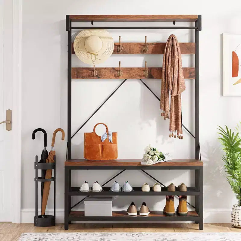 Porte-manteau et banc à chaussures industriels de 183 cm avec étagère et crochets