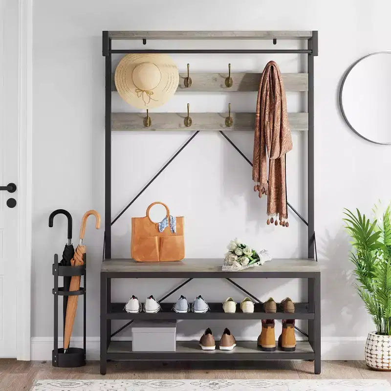 Porte-manteau et banc à chaussures industriels de 183 cm avec étagère et crochets