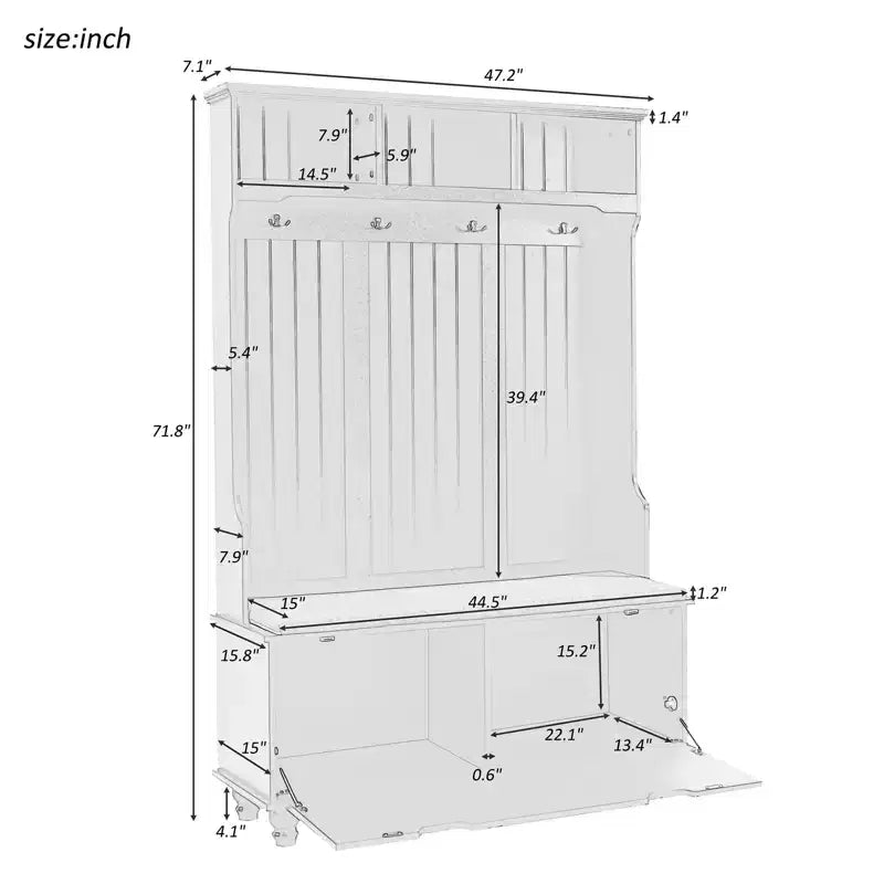 Meuble d'entrée avec banc à chaussures, 4 patères et étagères ouvertes, meuble d'entrée moderne avec banc et rangement à chaussures, porte-manteau 4-en-1 pour couloir, salon