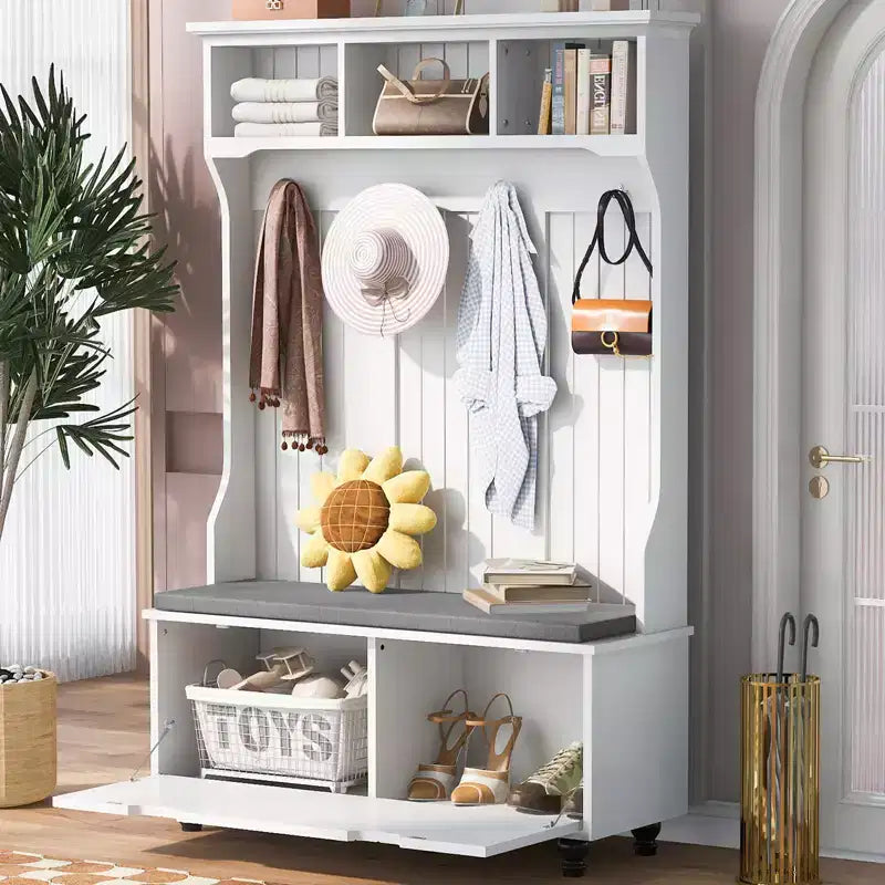 Meuble d'entrée avec banc à chaussures, 4 patères et étagères ouvertes, meuble d'entrée moderne avec banc et rangement à chaussures, porte-manteau 4-en-1 pour couloir, salon