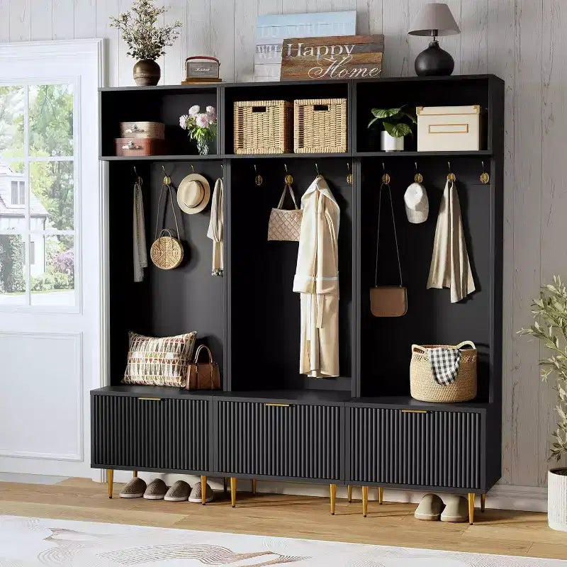 Porte-manteau moderne de 74 po avec banc et rangement, organisateur d'entrée avec 4 crochets dorés, armoire à chaussures pour salon, porte-manteau avec pieds en métal