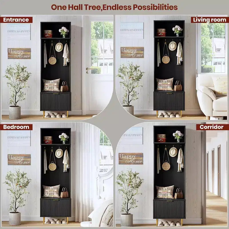 Porte-manteau moderne de 74 po avec banc et rangement, organisateur d'entrée avec 4 crochets dorés, armoire à chaussures pour salon, porte-manteau avec pieds en métal