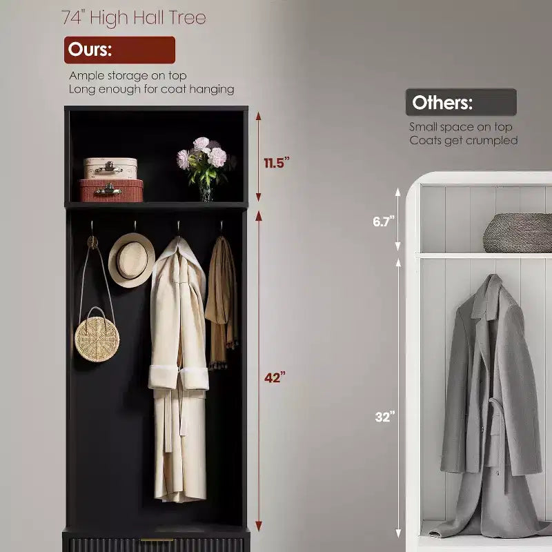 Porte-manteau moderne de 74 po avec banc et rangement, organisateur d'entrée avec 4 crochets dorés, armoire à chaussures pour salon, porte-manteau avec pieds en métal