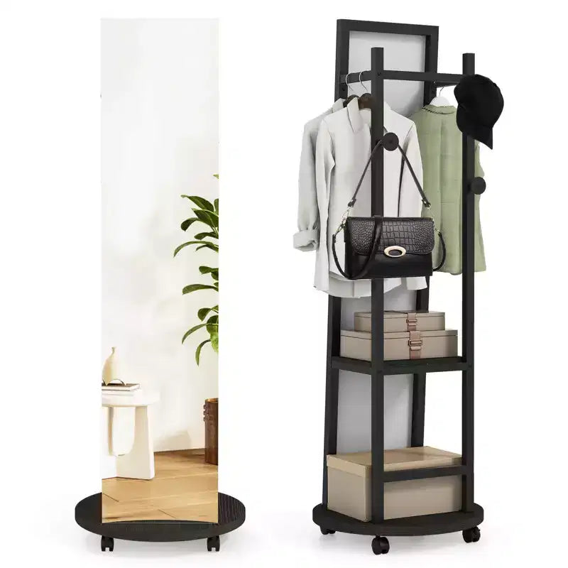 Costway Coat Rack with Full Length Mirror, 3 Hooks & Storage Shelves, 360 Swivel Wheels Browm/Natural/Black & Walnut