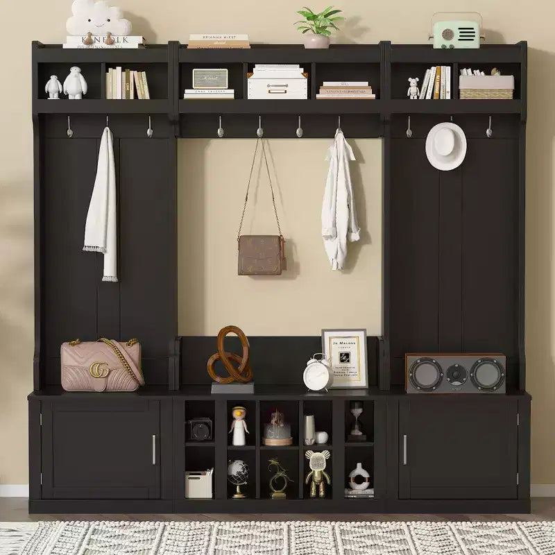 Okak 4-IN-1 Wide Hall Tree with Entryway Bench and Shoe Cubbies, Coat Rack with Sotrage Shelves and 10 Hooks, Coat Tree for Hallway, Black