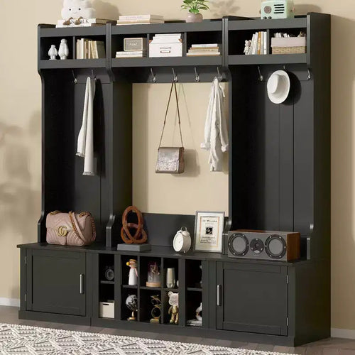 Arbre d'entrée 4-en-1 large avec banc de rangement pour chaussures, porte-manteau avec étagères de rangement et 10 crochets, portemanteau pour couloir, noir