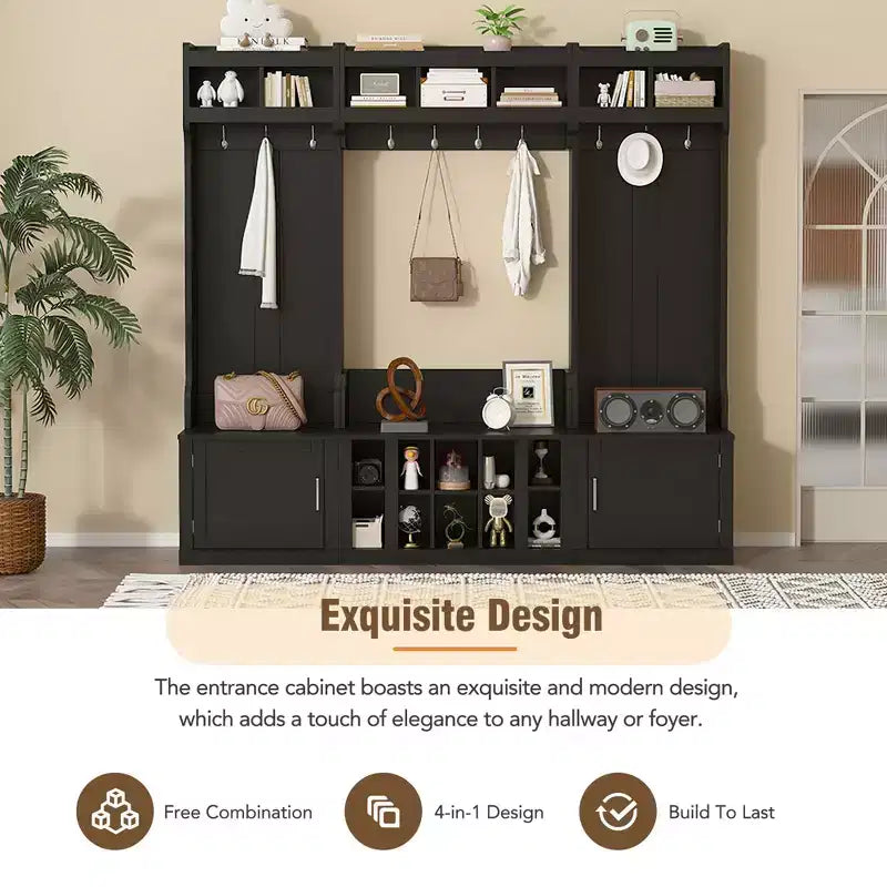 Arbre d'entrée 4-en-1 large avec banc de rangement pour chaussures, porte-manteau avec étagères de rangement et 10 crochets, portemanteau pour couloir, noir