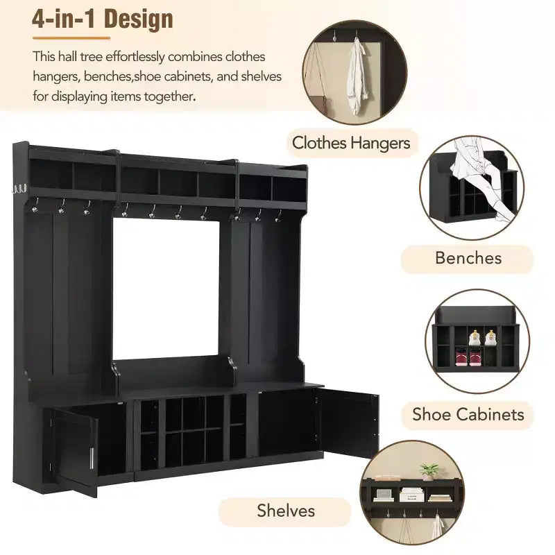 Arbre d'entrée 4-en-1 large avec banc de rangement pour chaussures, porte-manteau avec étagères de rangement et 10 crochets, portemanteau pour couloir, noir