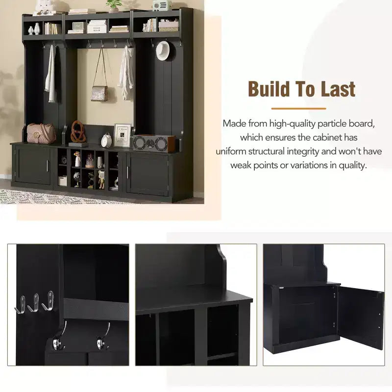 Arbre d'entrée 4-en-1 large avec banc de rangement pour chaussures, porte-manteau avec étagères de rangement et 10 crochets, portemanteau pour couloir, noir