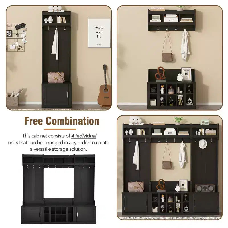 Arbre d'entrée 4-en-1 large avec banc de rangement pour chaussures, porte-manteau avec étagères de rangement et 10 crochets, portemanteau pour couloir, noir