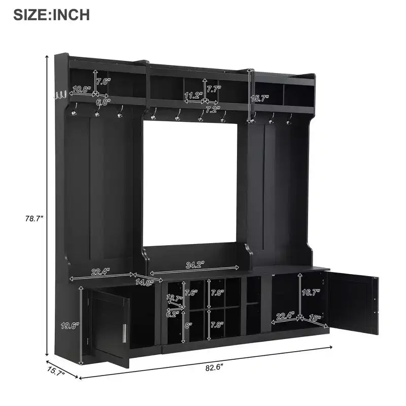 Arbre d'entrée 4-en-1 large avec banc de rangement pour chaussures, porte-manteau avec étagères de rangement et 10 crochets, portemanteau pour couloir, noir