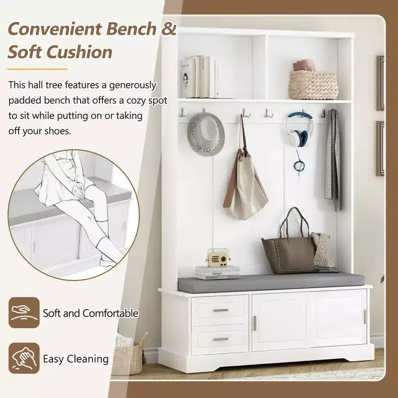 Meuble d'entrée élégant avec portes coulissantes et 6 patères argentées, porte-manteau avec banc rembourré et rangement à chaussures pour couloir, salon, blanc
