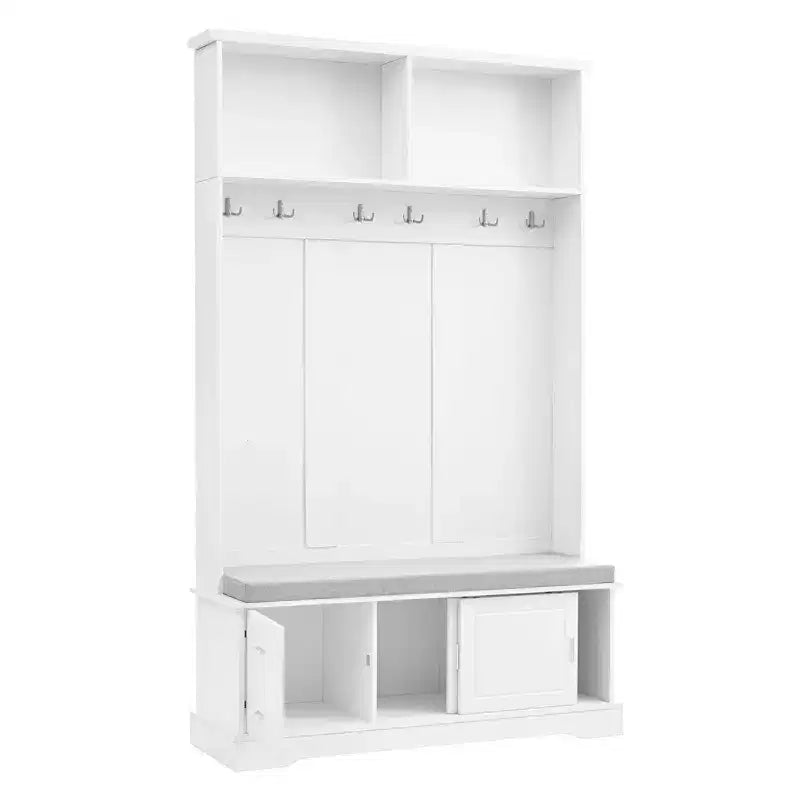 Meuble d'entrée élégant avec portes coulissantes et 6 patères argentées, porte-manteau avec banc rembourré et rangement à chaussures pour couloir, salon, blanc
