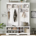 Okak Modern Hall Tree with 6 Metal Hooks and Ample Storage, Coat Rack with Shoe Cubbies and Bench, Coat Tree for Living Room, Entryway, White