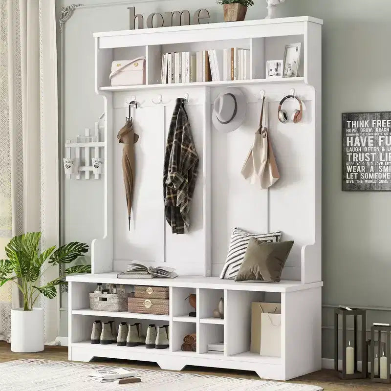Porte-manteau moderne avec 6 crochets métalliques et grand espace de rangement, porte-manteau avec casiers à chaussures et banc, porte-manteau pour salon, entrée, blanc