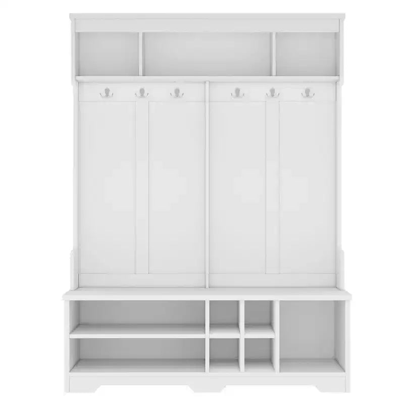 Porte-manteau moderne avec 6 crochets métalliques et grand espace de rangement, porte-manteau avec casiers à chaussures et banc, porte-manteau pour salon, entrée, blanc