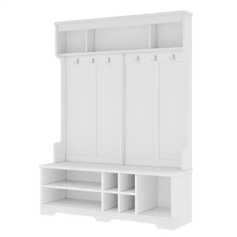 Porte-manteau moderne avec 6 crochets métalliques et grand espace de rangement, porte-manteau avec casiers à chaussures et banc, porte-manteau pour salon, entrée, blanc