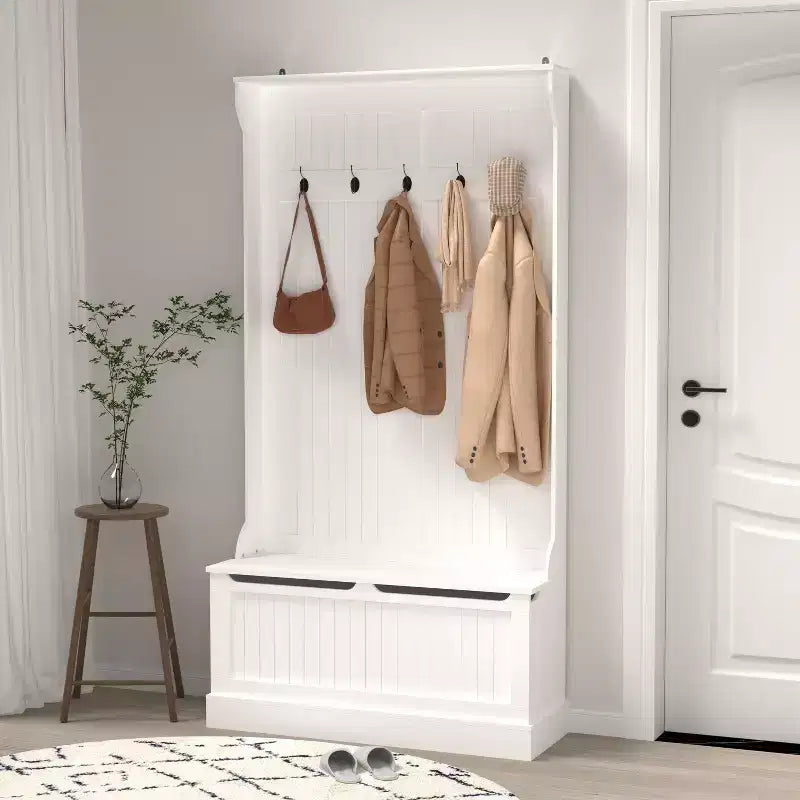 Porte-manteau minimaliste avec 5 crochets, vestiaire autoportant avec banc de rangement pour chaussures, meuble de rangement pour entrée de salon ou couloir, blanc