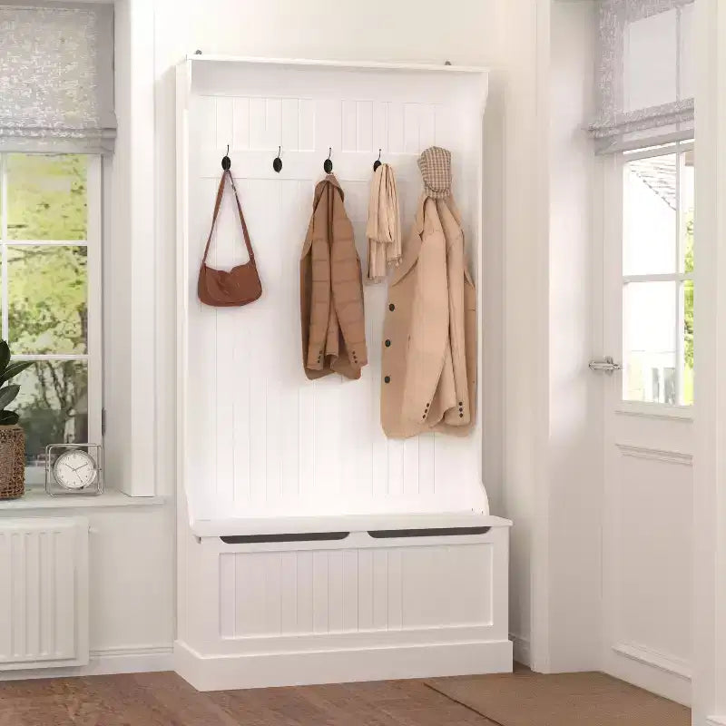Porte-manteau minimaliste avec 5 crochets, vestiaire autoportant avec banc de rangement pour chaussures, meuble de rangement pour entrée de salon ou couloir, blanc