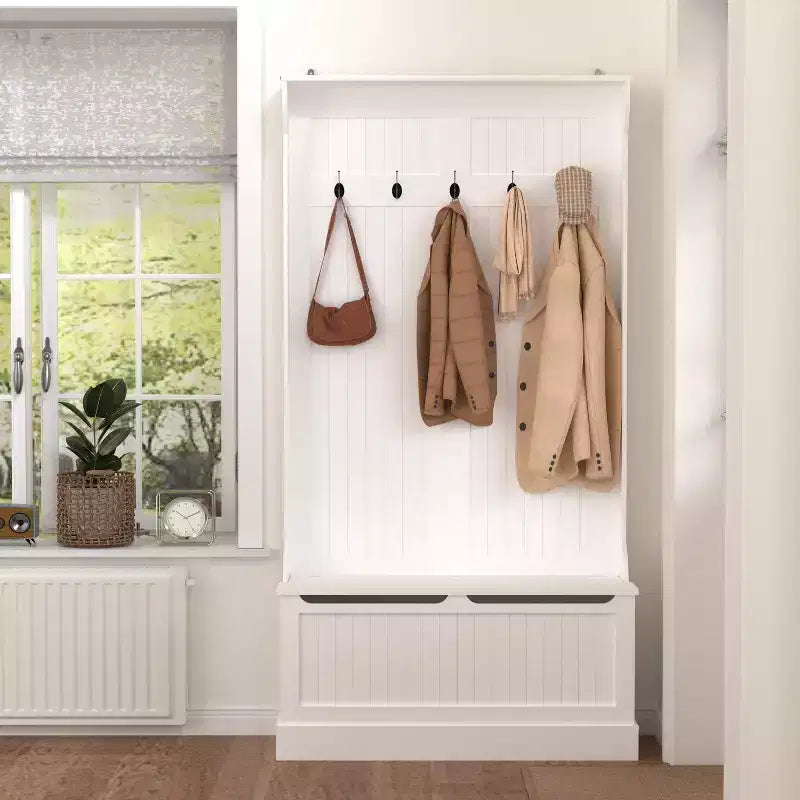 Porte-manteau minimaliste avec 5 crochets, vestiaire autoportant avec banc de rangement pour chaussures, meuble de rangement pour entrée de salon ou couloir, blanc